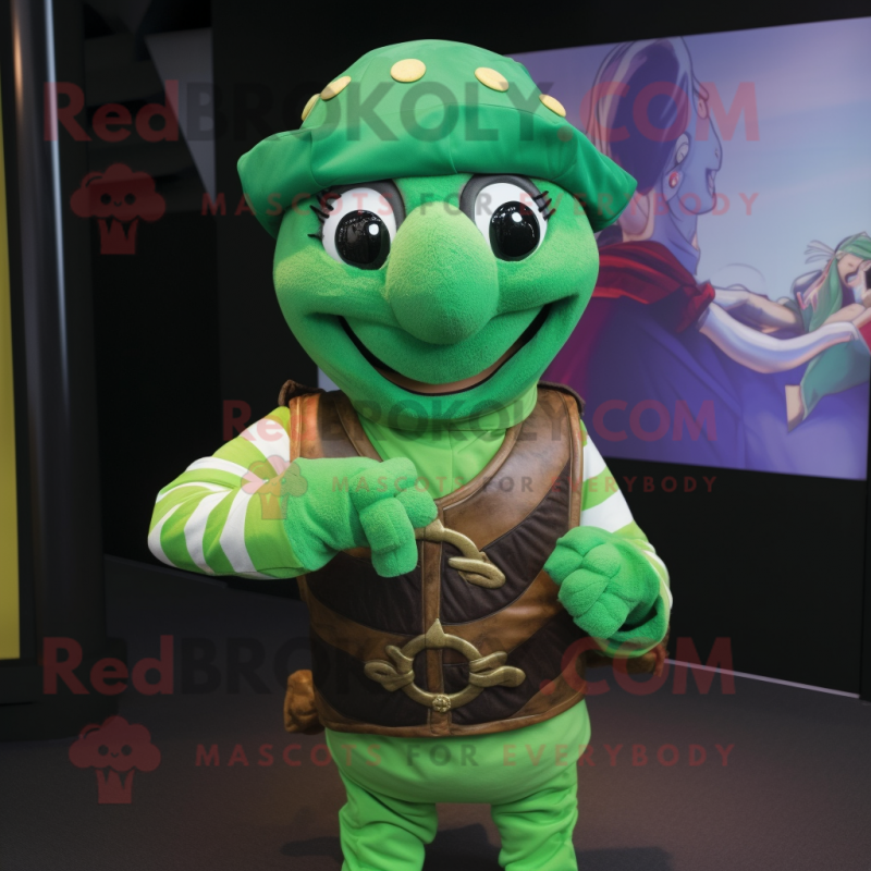 Green Pirate mascot costume character dressed with a Turtleneck and Bracelets