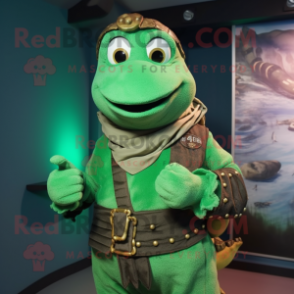 Green Pirate mascot costume character dressed with a Turtleneck and Bracelets