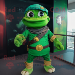 Green Pirate mascot costume character dressed with a Turtleneck and Bracelets