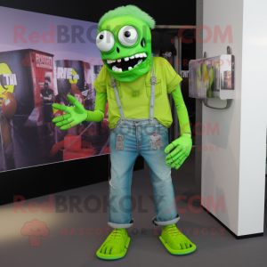 Lime Green Undead mascot costume character dressed with a Mom Jeans and Digital watches