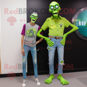 Lime Green Undead mascot costume character dressed with a Mom Jeans and Digital watches