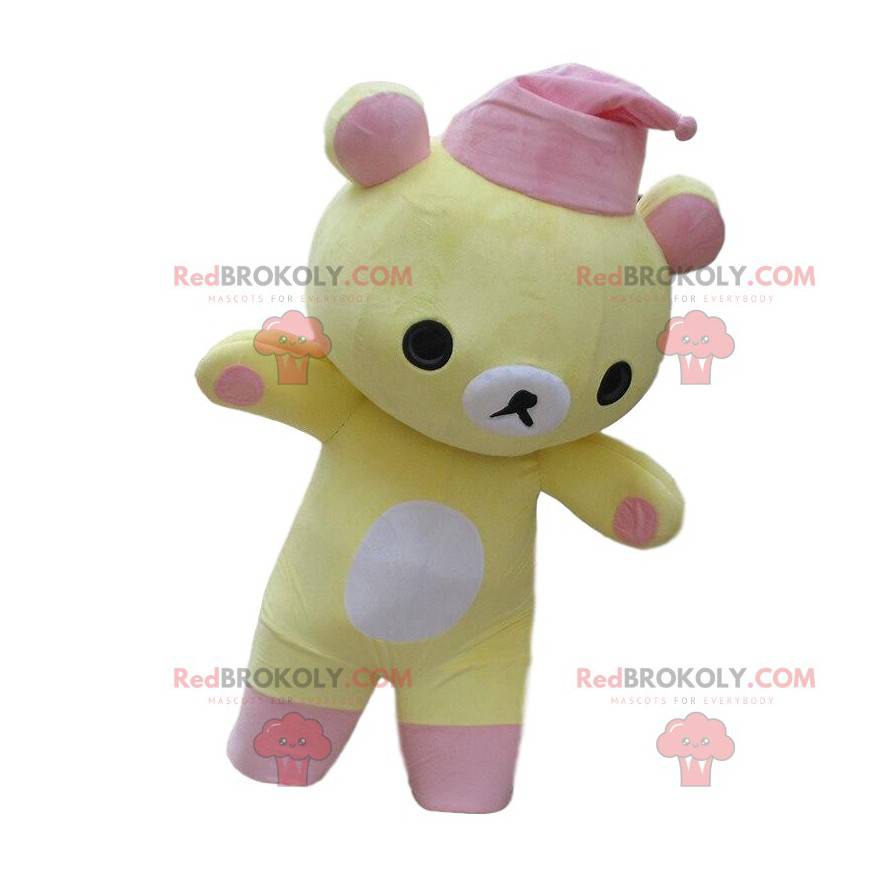 Mascotte de nounours jaune et blanc avec un bonnet de nuit rose