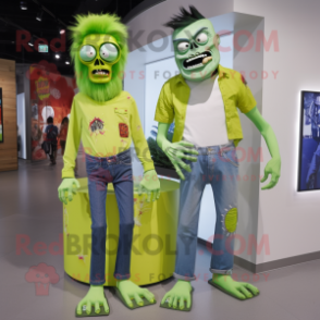 Lime Green Undead mascot costume character dressed with a Mom Jeans and Digital watches