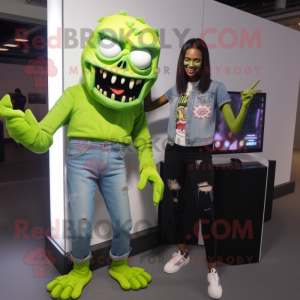 Lime Green Undead mascot costume character dressed with a Mom Jeans and Digital watches
