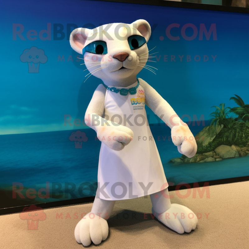 White Jaguarundi mascot costume character dressed with a Swimwear and Anklets White Jaguarundi mascot costume character dressed with a Swimwear and Anklets