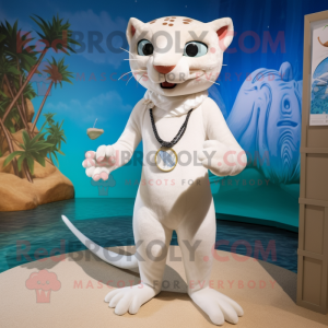 White Jaguarundi mascot costume character dressed with a Swimwear and Anklets