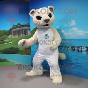 White Jaguarundi mascot costume character dressed with a Swimwear and Anklets