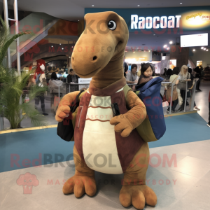Rust Brachiosaurus mascot costume character dressed with a Cardigan and Backpacks