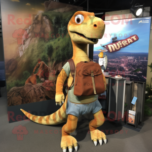 Rust Brachiosaurus mascot costume character dressed with a Cardigan and Backpacks