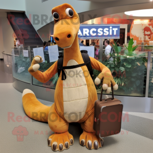 Rust Brachiosaurus mascot costume character dressed with a Cardigan and Backpacks