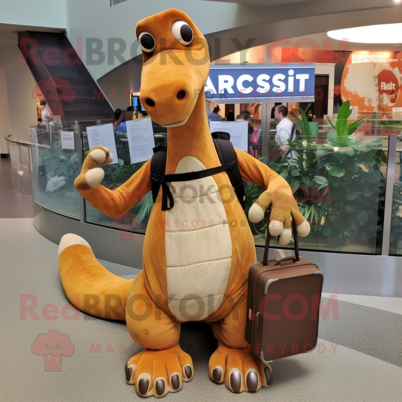 Rust Brachiosaurus mascot costume character dressed with a Cardigan and Backpacks Rust Brachiosaurus mascot costume character dressed with a Cardigan and Backpacks