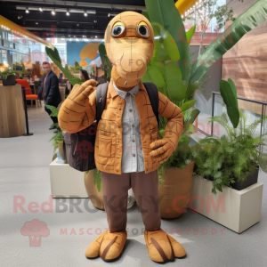 Rust Brachiosaurus mascot costume character dressed with a Cardigan and Backpacks