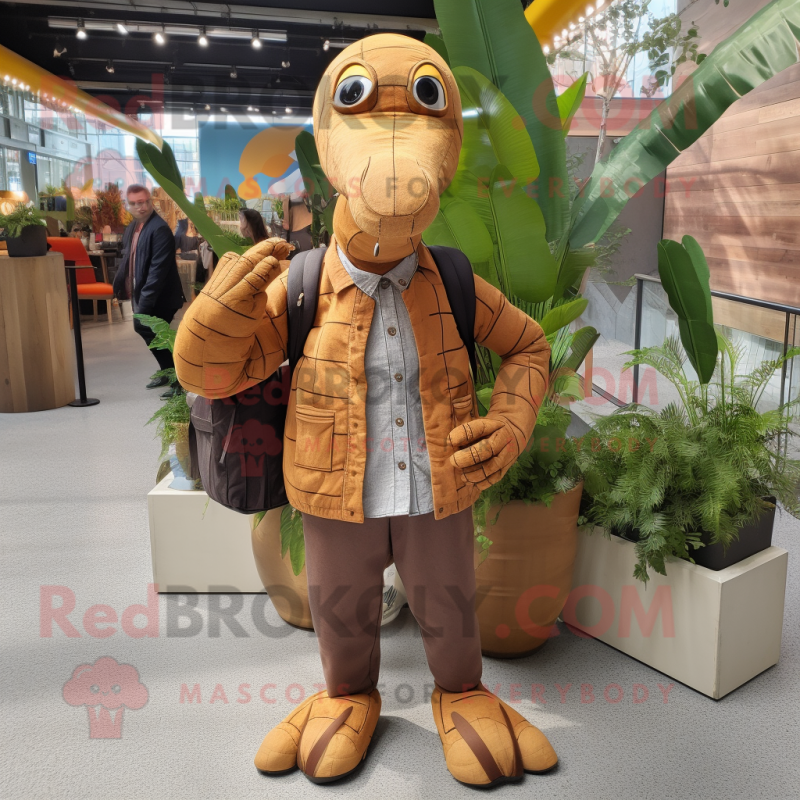 Rust Brachiosaurus mascot costume character dressed with a Cardigan and Backpacks