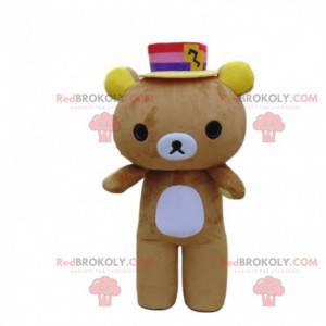 Brown and white teddy bear costume with a colorful hat -