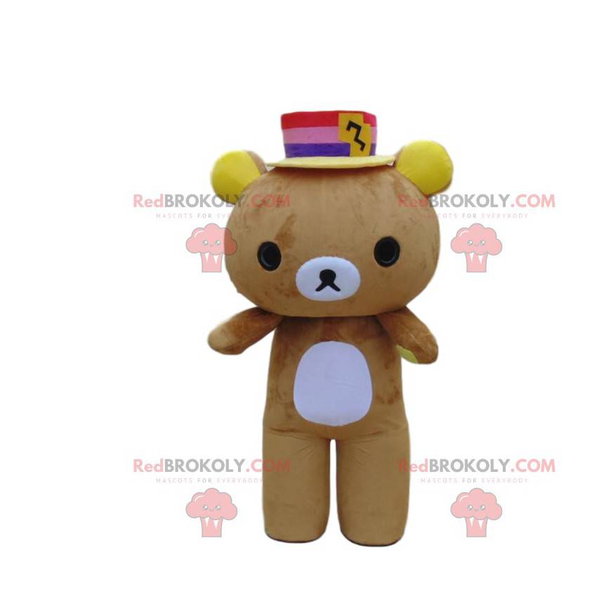 Brown and white teddy bear costume with a colorful hat -