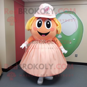 Peach Baseball Ball mascot costume character dressed with a Circle Skirt and Tie pins