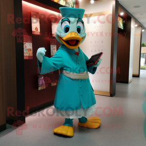 Teal Mandarin mascot costume character dressed with a Dress Pants and Clutch bags