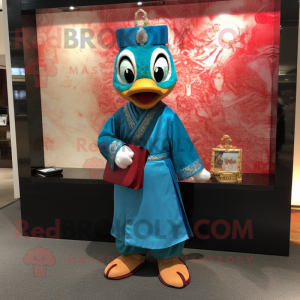 Teal Mandarin mascot costume character dressed with a Dress Pants and Clutch bags