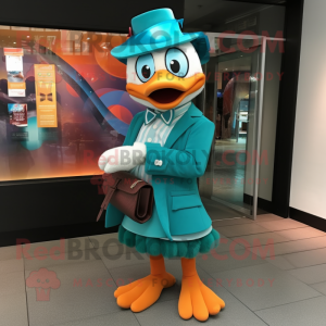 Teal Mandarin mascot costume character dressed with a Dress Pants and Clutch bags