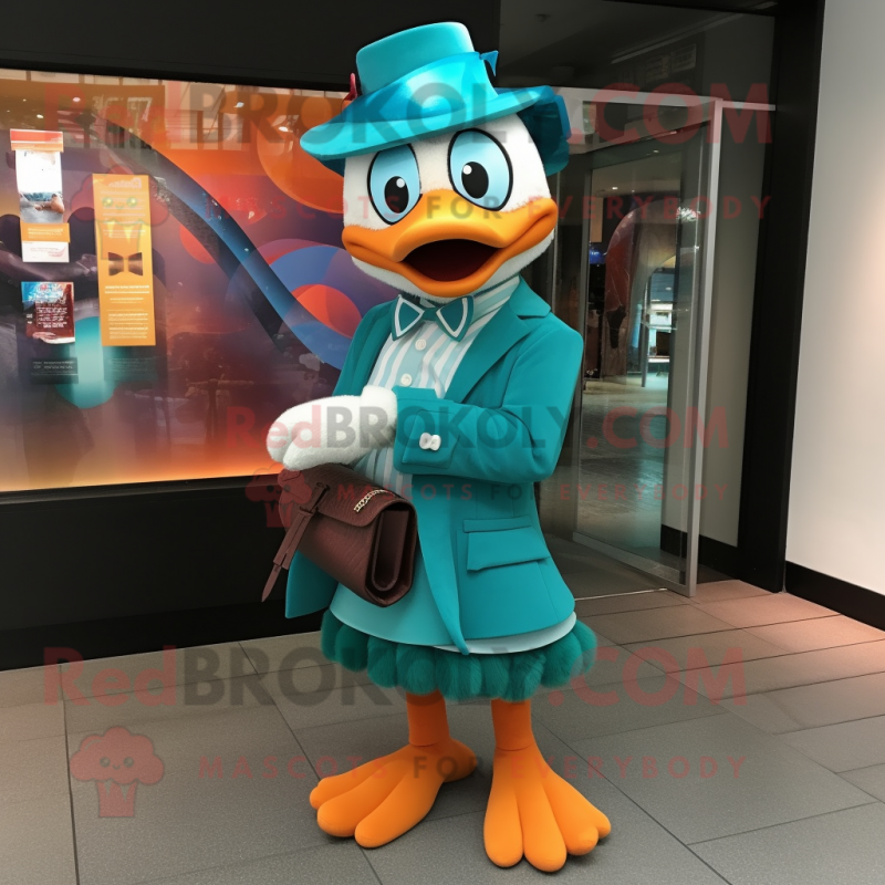 Teal Mandarin mascot costume character dressed with a Dress Pants and Clutch bags Teal Mandarin mascot costume character dressed with a Dress Pants and Clutch bags