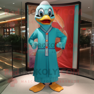 Teal Mandarin mascot costume character dressed with a Dress Pants and Clutch bags