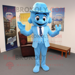 Sky Blue Attorney mascot costume character dressed with a Suit Jacket and Pocket squares
