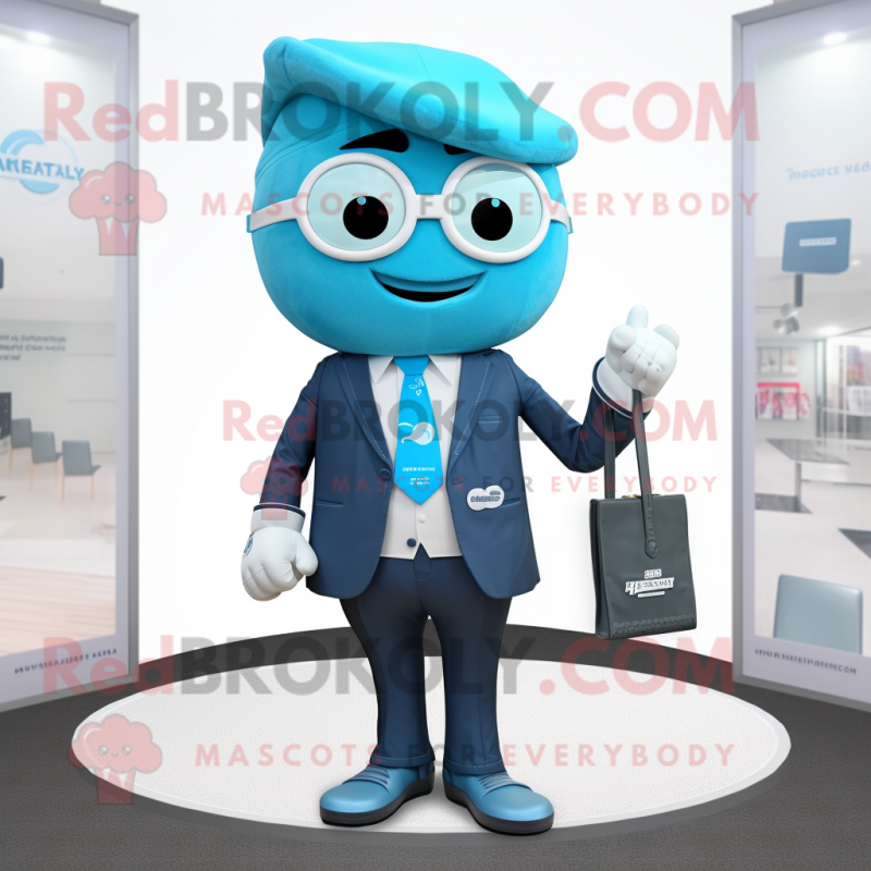 Sky Blue Attorney mascot costume character dressed with a Suit Jacket and Pocket squares