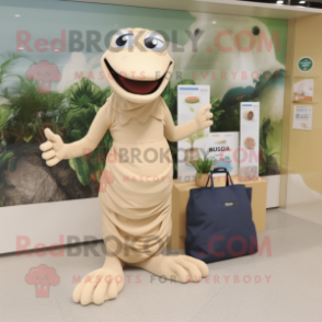 Beige Titanoboa mascot costume character dressed with a One-Piece Swimsuit and Tote bags