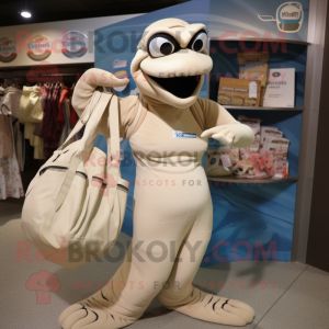 Beige Titanoboa mascot costume character dressed with a One-Piece Swimsuit and Tote bags