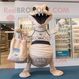 Beige Titanoboa mascot costume character dressed with a One-Piece Swimsuit and Tote bags