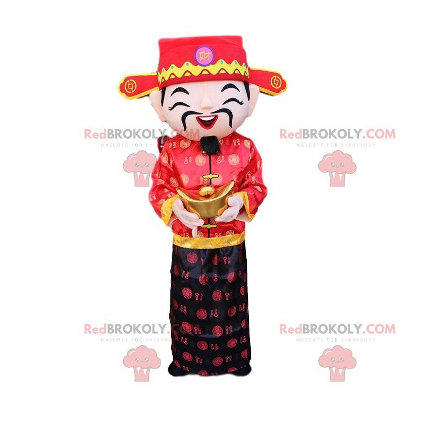 Mascotte d'homme asiatique, costume de dieu de la richesse -