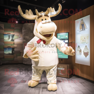 Cream Moose mascot costume character dressed with a Romper and Pocket squares