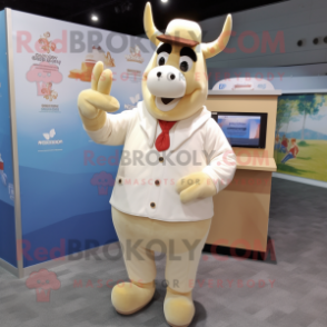 Cream Moose mascot costume character dressed with a Romper and Pocket squares
