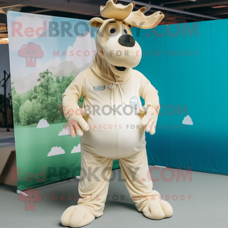 Cream Moose mascot costume character dressed with a Romper and Pocket squares