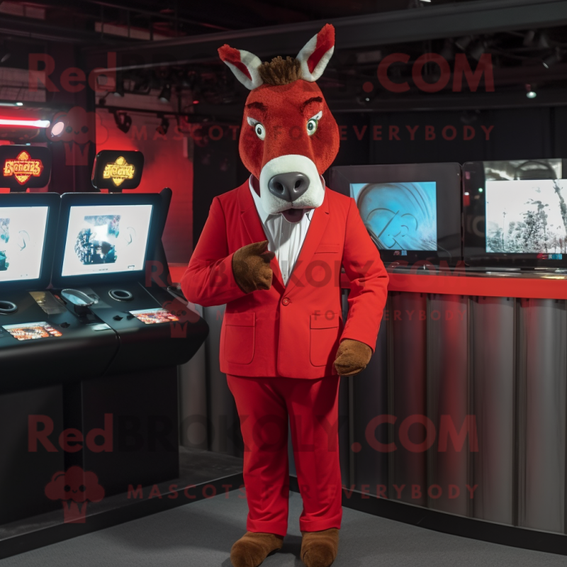 Red Donkey mascot costume character dressed with a Suit Jacket and Watches