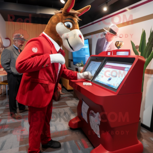 Red Donkey mascot costume character dressed with a Suit Jacket and Watches