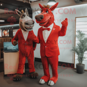 Red Donkey mascot costume character dressed with a Suit Jacket and Watches