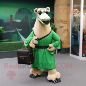 Forest Green Camel mascot costume character dressed with a Wrap Skirt and Briefcases