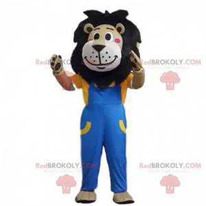 Brown lion mascot dressed in overalls, feline costume -