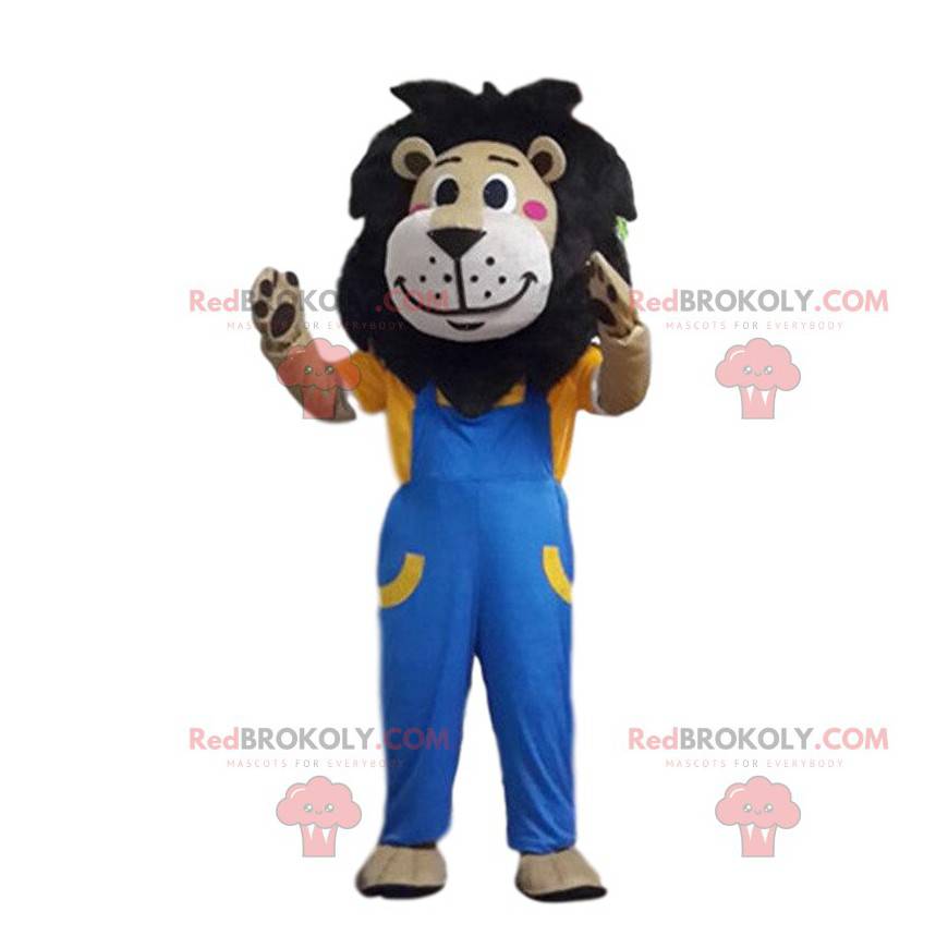 Brown lion mascot dressed in overalls, feline costume -