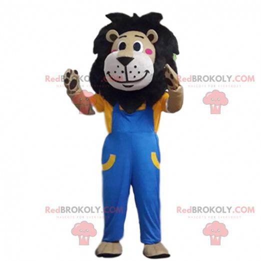 Bruine leeuw mascotte gekleed in overall, katachtig kostuum -