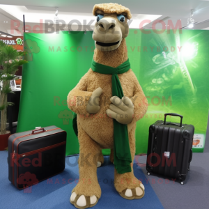 Forest Green Camel mascot costume character dressed with a Wrap Skirt and Briefcases