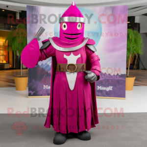 Magenta Medieval Knight mascot costume character dressed with a Maxi Skirt and Belts