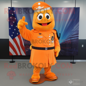 Orange American Soldier mascot costume character dressed with a Pencil Skirt and Shawl pins