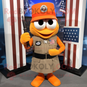 Orange American Soldier mascot costume character dressed with a Pencil Skirt and Shawl pins