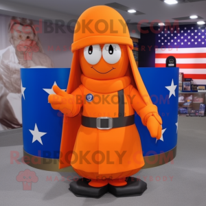 Orange American Soldier mascot costume character dressed with a Pencil Skirt and Shawl pins