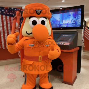 Orange American Soldier mascot costume character dressed with a Pencil Skirt and Shawl pins