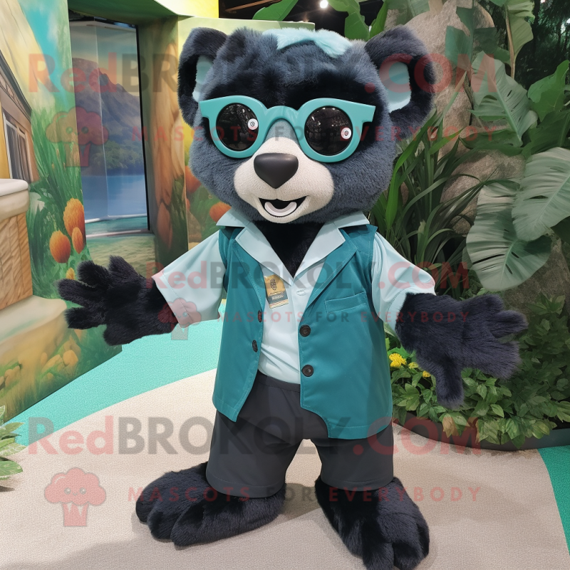 Teal Spectacled Bear mascot costume character dressed with a Romper and Pocket squares