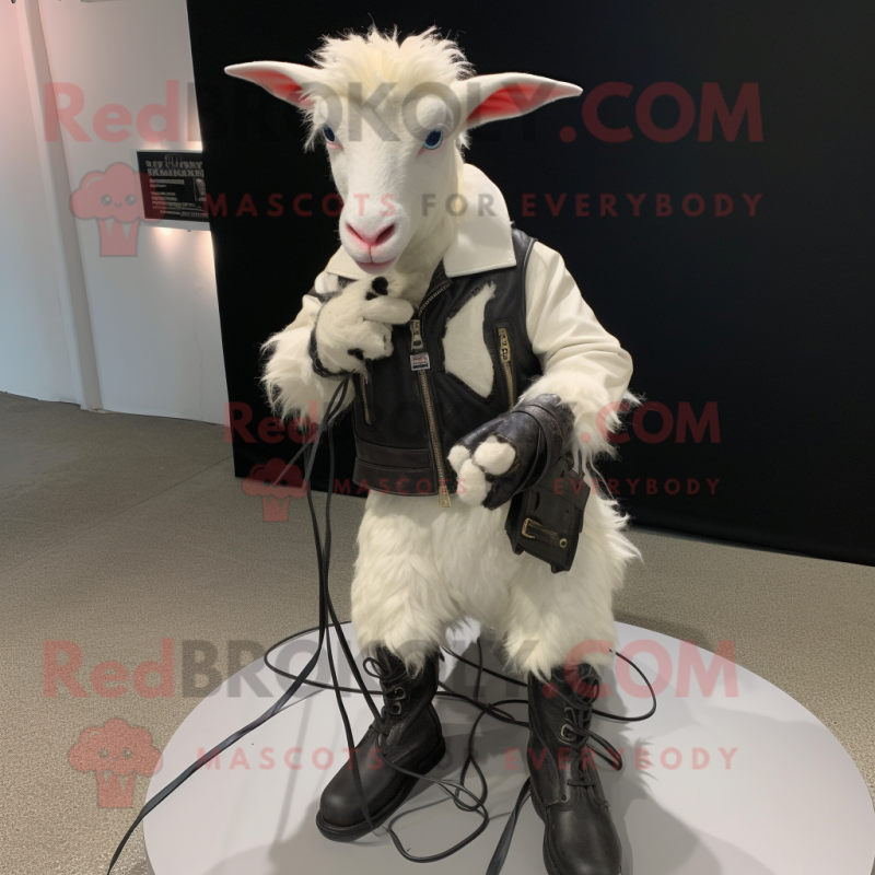 White Angora Goat mascot costume character dressed with a Leather Jacket and Shoe laces