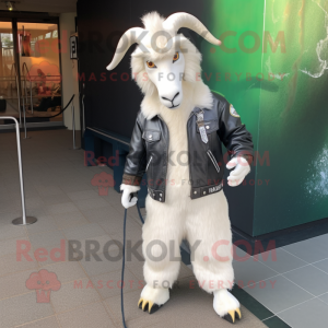White Angora Goat mascot costume character dressed with a Leather Jacket and Shoe laces